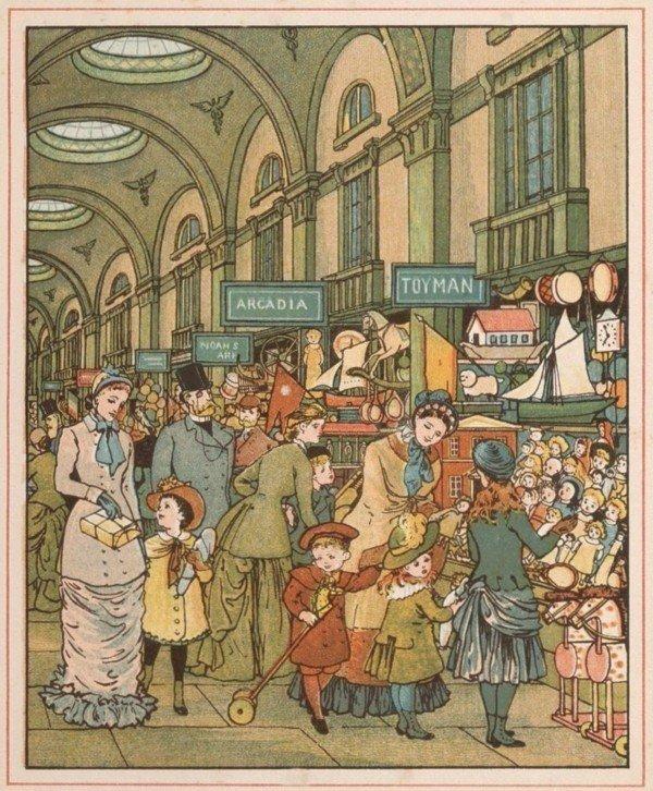 "Lowther Arcade" from the Victorian children's book "London Town," illustrated by Thomas Crane and his cousin, Ellen Elizabeth Houghton. Project Gutenberg. (Public Domain)