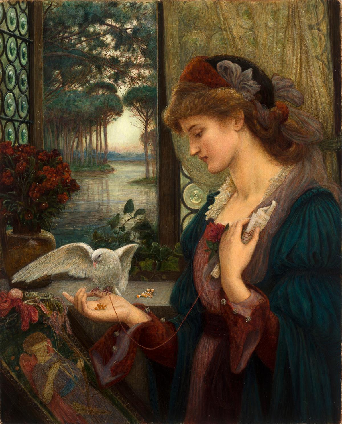 "Love's Messenger," 1885, by Marie Spartali Stillman. Watercolor, tempera, and gold paint on paper; 32 inches by 26 inches. Delaware Art Museum. (Public Domain)