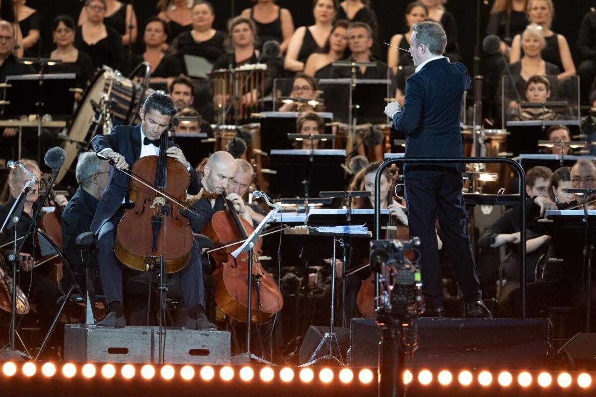 French cellist Gautier Capuçon performs “The Swan” (Le Cygne) from The Carnival of the Animals by French composer Camille Saint-Saëns at the Concert de Paris on July 13, 2026. (David Nivière/Courtesy of France Télévisions)