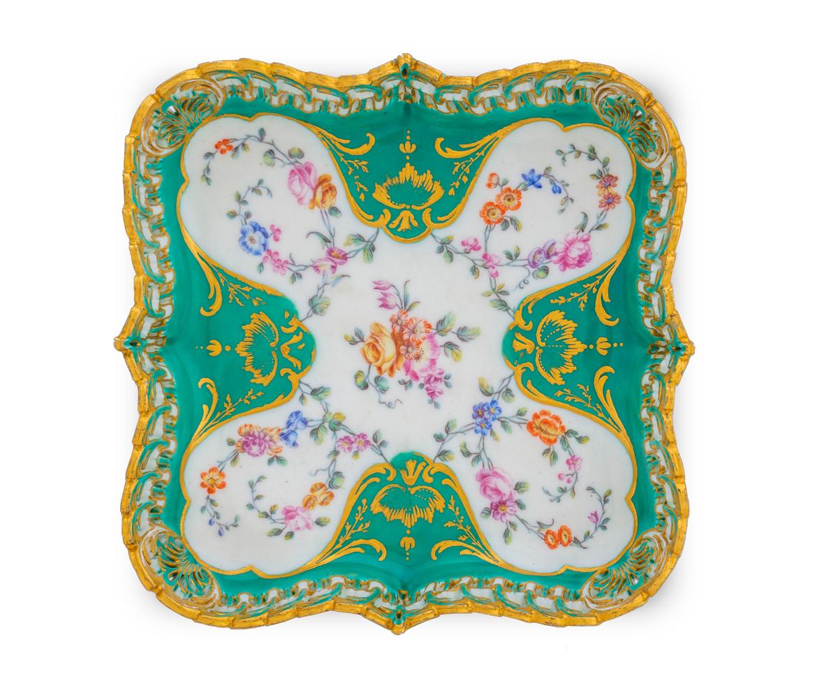 "Tray (Plateau Carré à Jour)," 1758, by Sèvres Porcelain Manufactory. Porcelain with enamel and gilt; 6 7/8 inches by 1 5/8 inches. New Orleans Museum of Art. (Courtesy of NOMA)