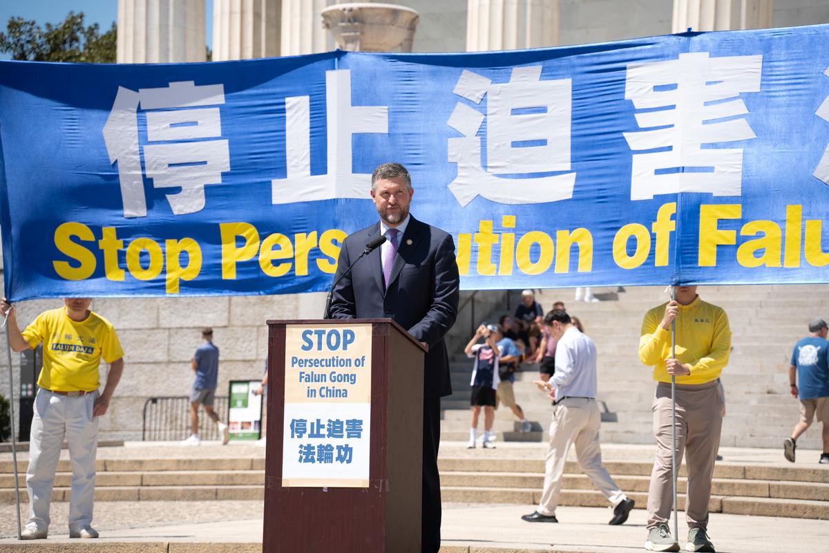 Rep. Pat Ryan (D-N.Y.) speaks at an annual rally calling for the end of the Chinese Communist PartyÕs ongoing persecution of Falun Gong in China, on the National Mall in Washington on July 23, 2026. (Larry Dye/The Epoch Times)