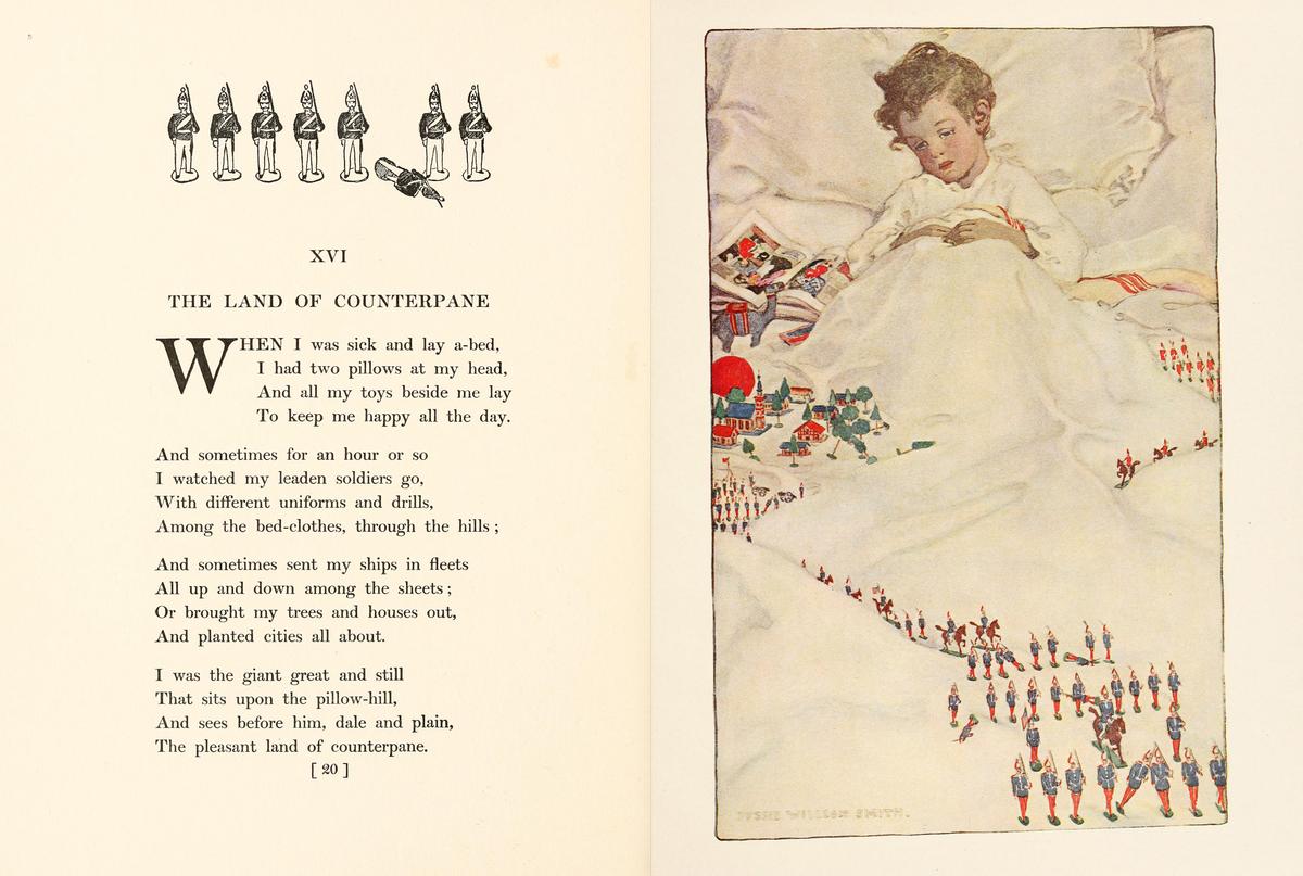 Illustrated plate for "The Land of Counterpane" by Jessie Wilcox Smith in Robert Louis Stevenson's "A Child's Garden of Verses," 1905. Drawing on Stevenson's recollections of being sick as a child, this scene shows a young boy confined to bed, where his treasured toys become the focus of his active imagination. Internet Archive. (Public Domain)