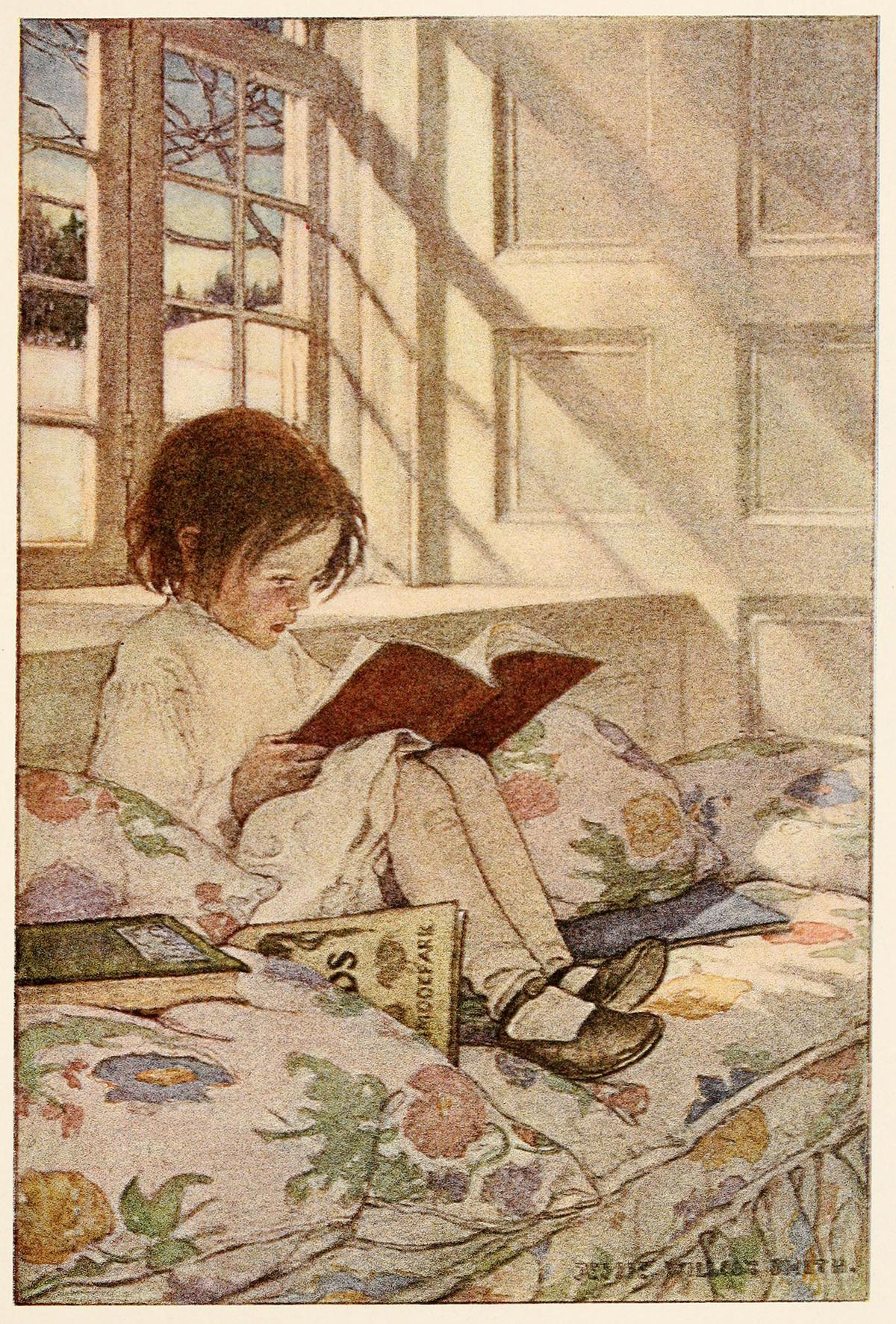 Illustrated plate for "Picture-Books in Winter" by Jessie Wilcox Smith in Robert Louis Stevenson's "A Child's Garden of Verses," 1905. Internet Archive. (Public Domain)
