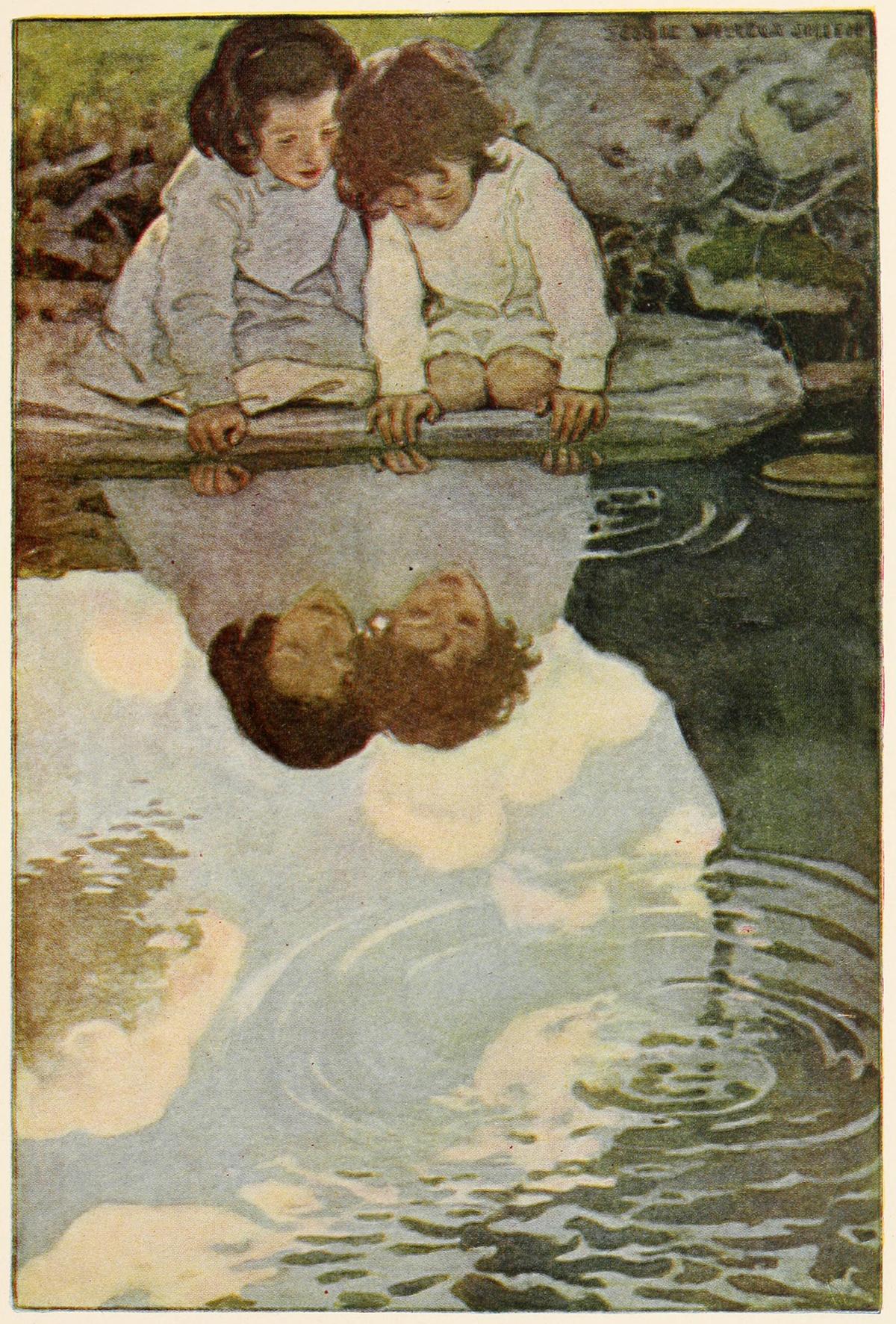 Illustrated plate for "Looking-Glass River" by Jessie Wilcox Smith in Robert Louis Stevenson's "A Child's Garden of Verses," 1905. Internet Archive. (Public Domain)