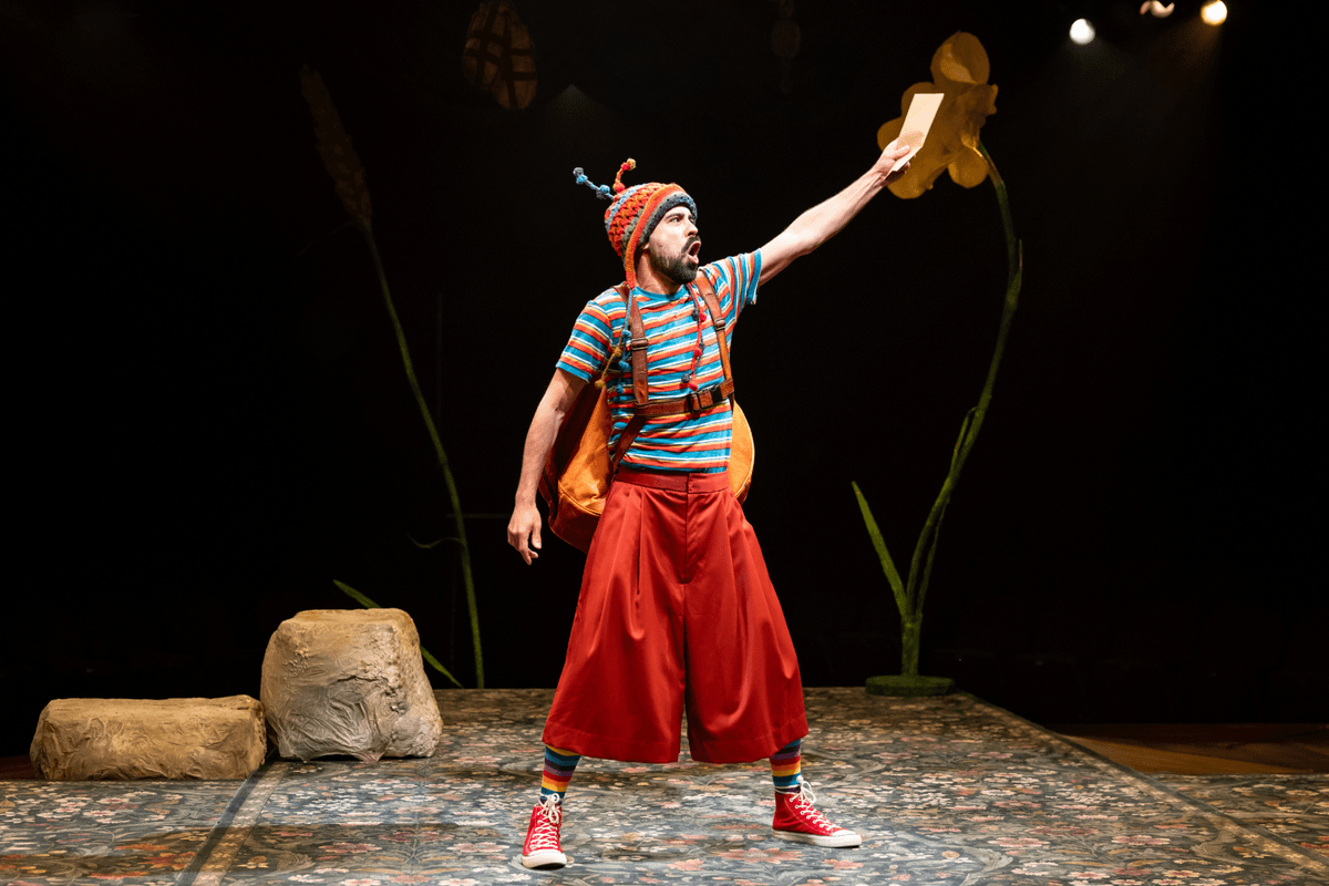Frog and Toad make friends with other forest creatures, including Snail (Tommy Rivera-Vega), in "A Year With Frog and Toad." (Justin Barbin)