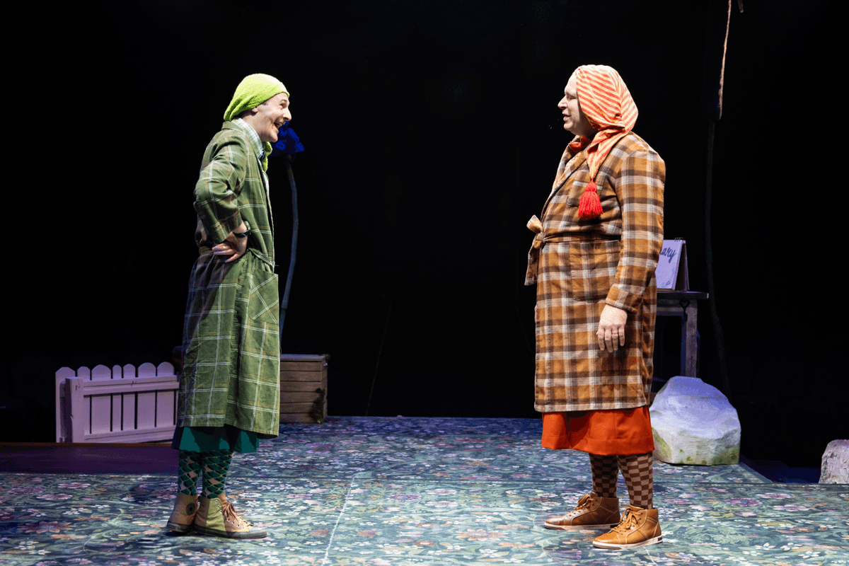 Frog (Callan Roberts, L) and Toad (Karl Hamilton) meet up after hibernating all winter, in "A Year With Frog and Toad." (Justin Barbin)