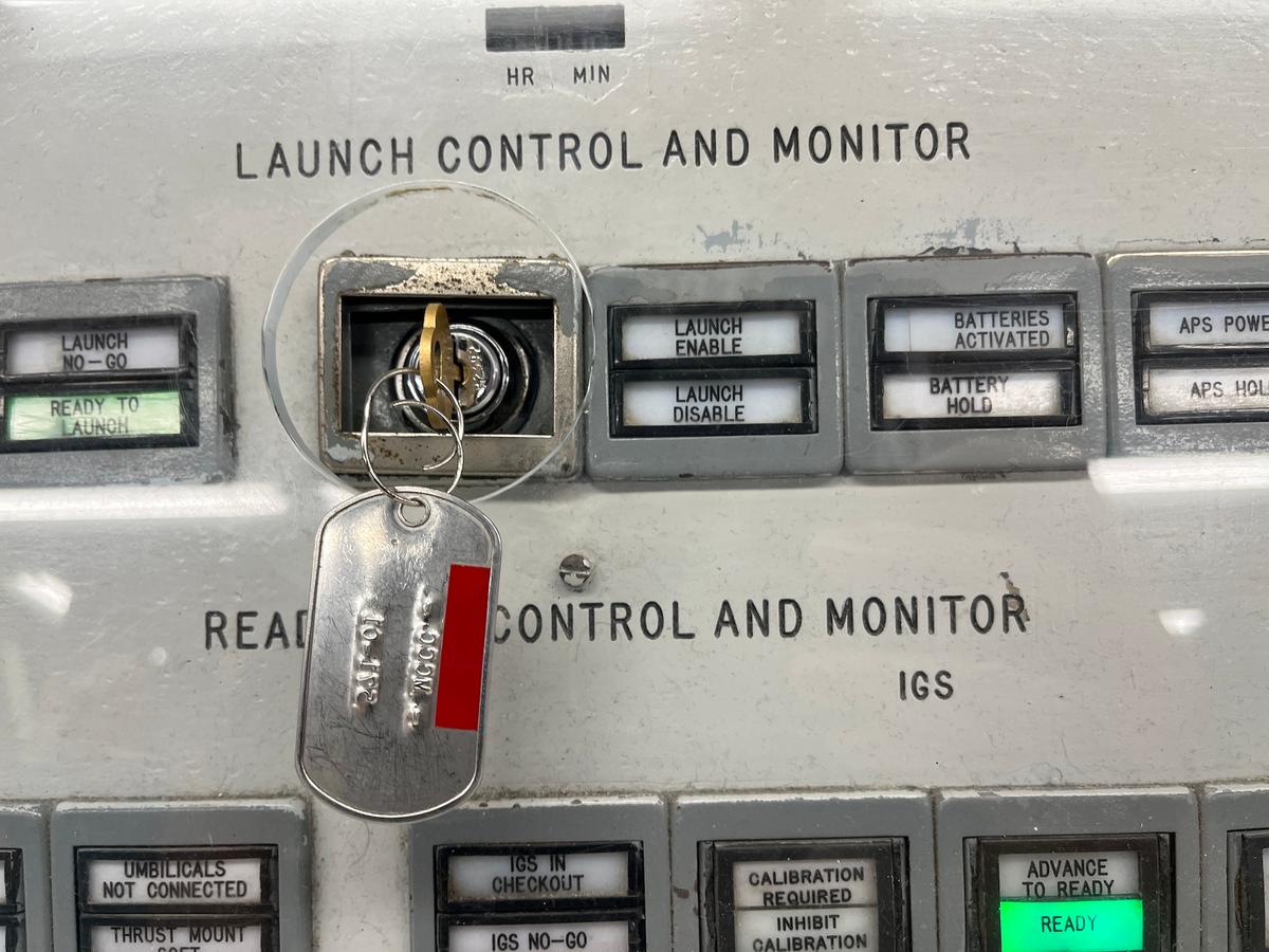 One of two keys used to launch a Titan II missile is inserted in the control console at the Titan Missile Museum in Green Valley, Ariz., on July 24, 2026. (Allan Stein/The Epoch Times)
