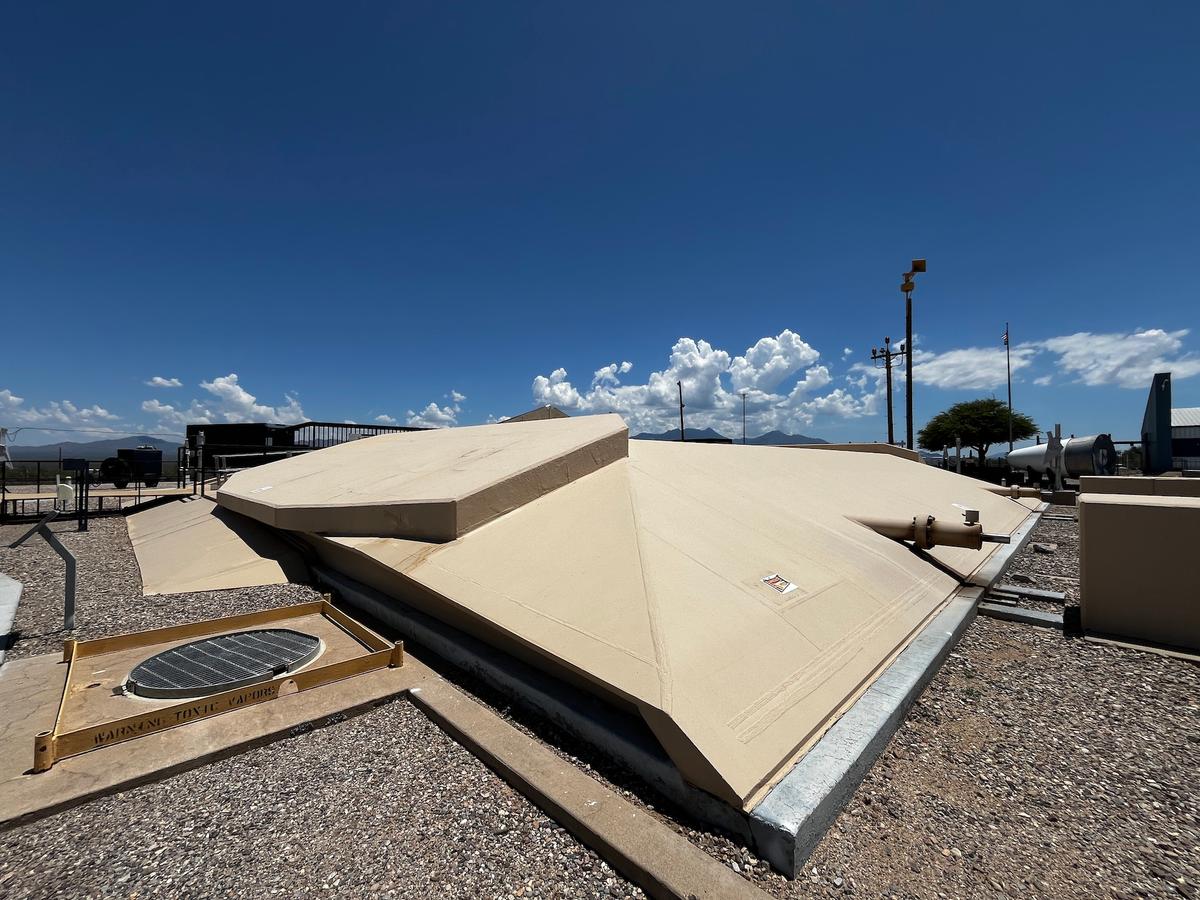 An outside view of the launch door over the silo housing a deactivated Titan II missile at the Titan Missile Museum in Green Valley, Ariz., on July 24, 2026. (Allan Stein/The Epoch Times)