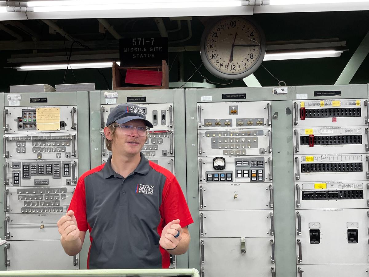 Titan Missile Museum guide Riker explains the procedures used for launching Titan II missiles on July 24, 2026. (Allan Stein/The Epoch Times)