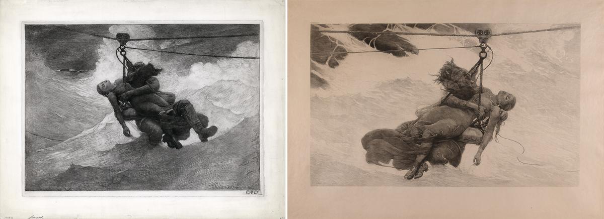 (Left) "The Life Line [proof]," 1884–1887, by Winslow Homer. Etching; 18 5/8 inches by 24 3/4 inches. Terra Foundation for American Art, Chicago. (Copyright Terra Foundation for American Art, Chicago) (Right) "Saved," 1889, by Winslow Homer. Etching; 25 1/2 inches by 35 3/8 inches. Portland Museum of Art, Maine. (Luc Demers)