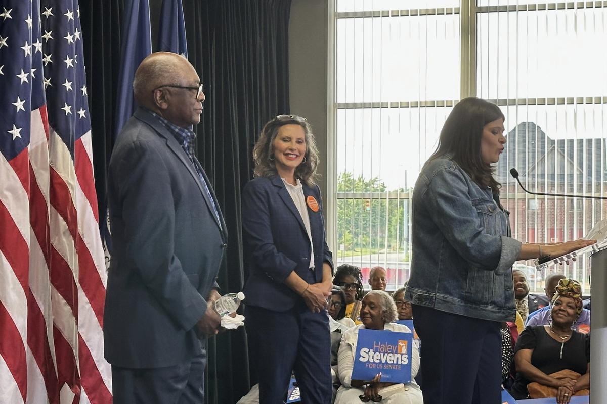 U.S. Rep. James Clyburn (D-S.C.), left, and Michigan Gov. Gretchen Whitmer, center, appear at a rally in Detroit on July 24, 2026, to support Democratic Senate candidate Haley Stevens. (Ed White/AP Photo)