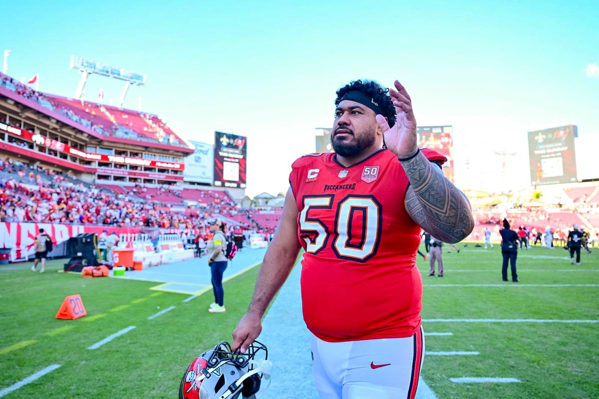 Vita Vea #50 of the Tampa Bay Buccaneers walks off the field after the game against the Arizona Cardinals at Raymond James Stadium in Tampa, Fla., on Nov. 30, 2025. (Julio Aguilar/Getty Images)
