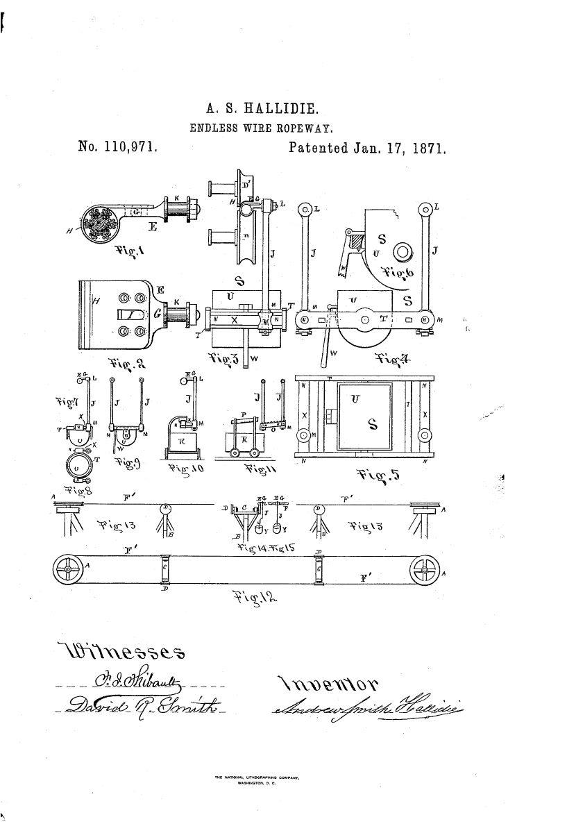Hallidie's patent for his "Endless Wire Ropeway," Jan. 17, 1871. Google Patents. (Public Domain)