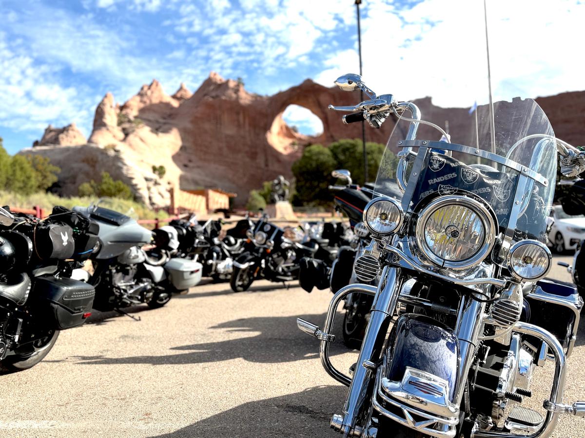 Motorcycles line up during a flag-passing ceremony during a Nation of Patriots tour in Window Rock, Ariz., on July 28, 2026. (Allan Stein/The Epoch Times)
