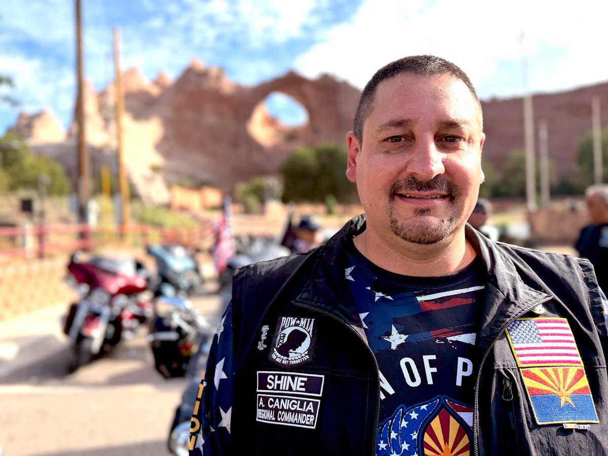 Nation of Patriots National and Regional Commander Anthony Caniglia leads the flag-passing ceremony in Window Rock, Ariz., on July 28, 2026. (Allan Stein/The Epoch Times)
