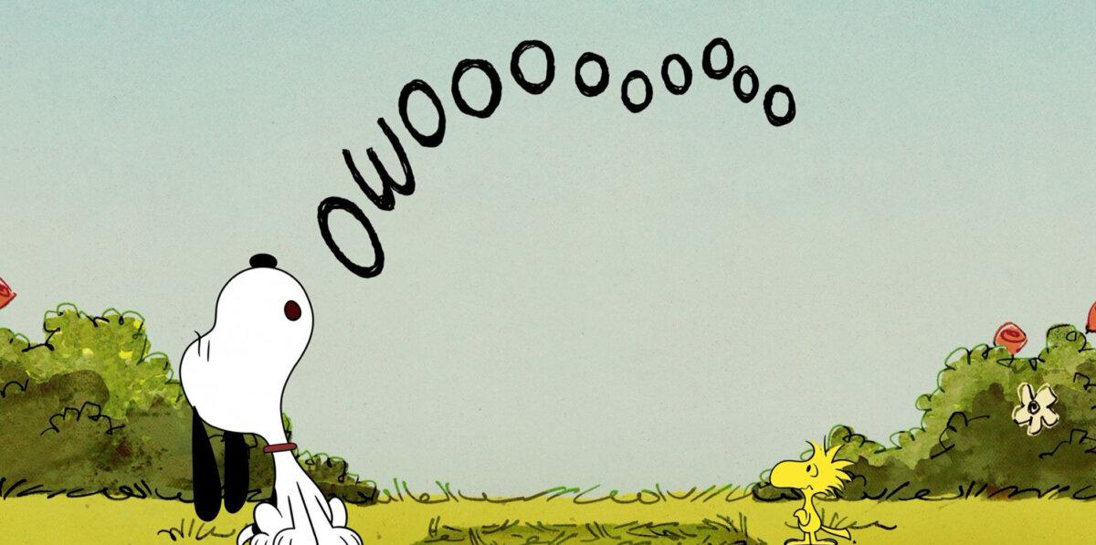 Snoopy (Terry McGurrin) laments the loss of his dog house as his friend, Woodstock (Rob Tinkler), looks on, in “Snoopy Presents: There's No Place Like Home, Snoopy.” (MGM)
