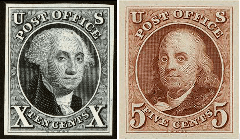 The first two U.S. postage stamps from 1847: (Left) A stamp featuring George Washington. (Right) Another featuring Benjamin Franklin. (Public Domain)