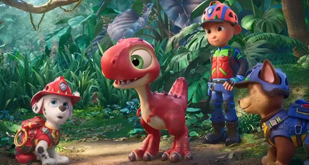 Human leader Ryder (Henry Bolan) with patrol members firefighter Marshall (Carter Young), police pup Chase (Rain Janjua), and Rhubarb, in “PAW Patrol: The Dino Movie.” (Paramount Pictures)