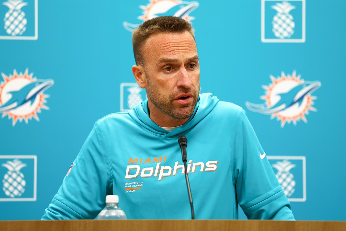 Head coach Jeff Hafley of the Miami Dolphins speaks to the media prior to OTA Offseason Workouts at Baptist Health Training Complex in Miami Gardens, Fla., on June 9, 2026. (Megan Briggs/Getty Images)