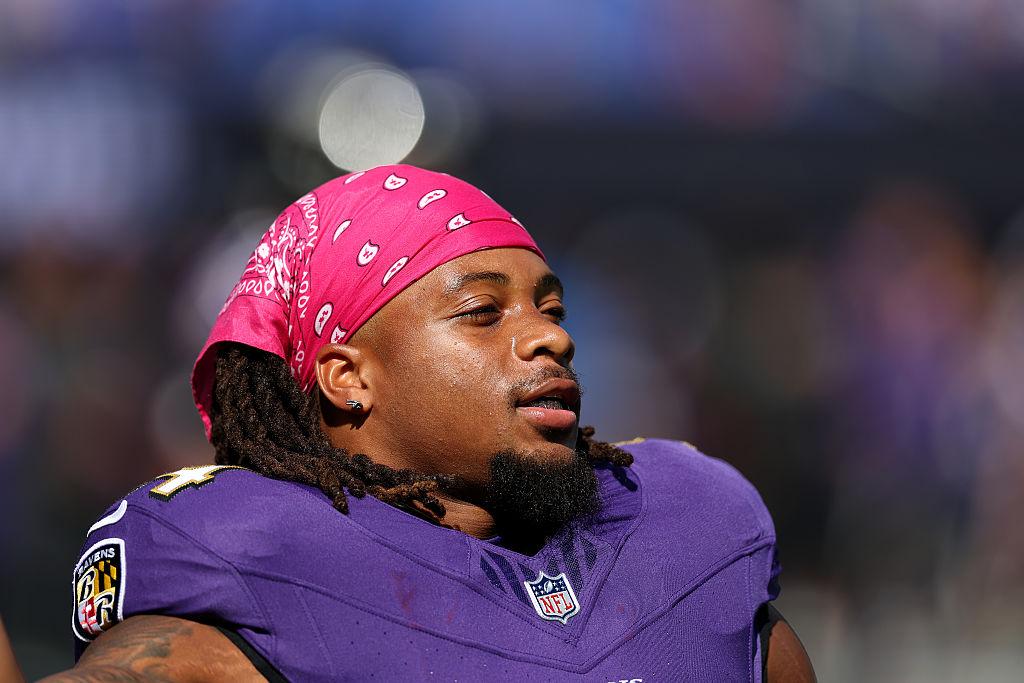 Keaton Mitchell #34 of the Baltimore Ravens looks on against the Houston Texans at M&T Bank Stadium in Baltimore, Maryland, on Oct. 5, 2025. (Rob Carr/Getty Images)