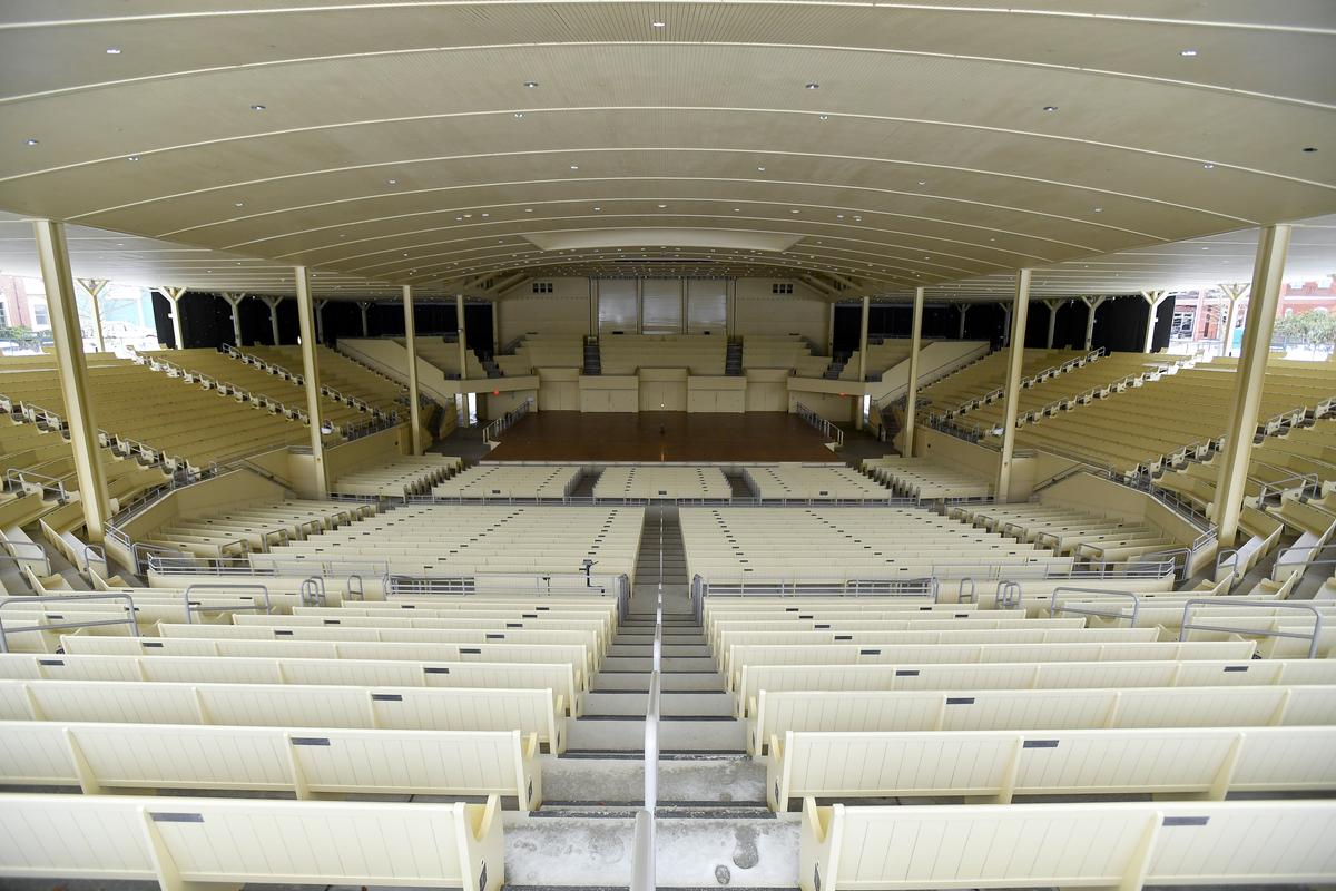 An overall view shows Chautauqua Amphitheater where author Salman Rushdie was attacked in 2022 at the Chautauqua Institution in Chautauqua, N.Y., on Feb. 4, 2025. (AP Photo/Adrian Kraus)