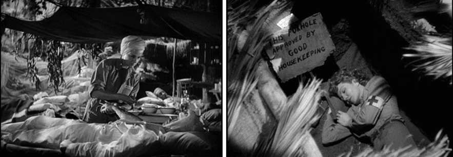 (Left) Nurses care for the sick and wounded. (Right) Nurse Janet Davidson (Claudette Colbert) takes a rest break in the jungle under a sign “This foxhole approved by Good Housekeeping,” in “So Proudly We Hail.” (Paramount Pictures)