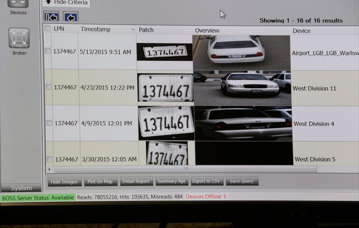 A computer terminal displays a vehicle's license plate number, captured in multiple locations by ALPR cameras, in Long Beach, Calif., on June 25, 2015. (AP Photo/Damian Dovarganes)