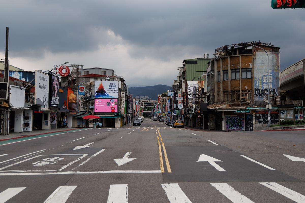 An overview shows an empty street during a simulated attack in Taipei on Aug. 13, 2026. (Cheng Yu-chen / AFP via Getty Images)