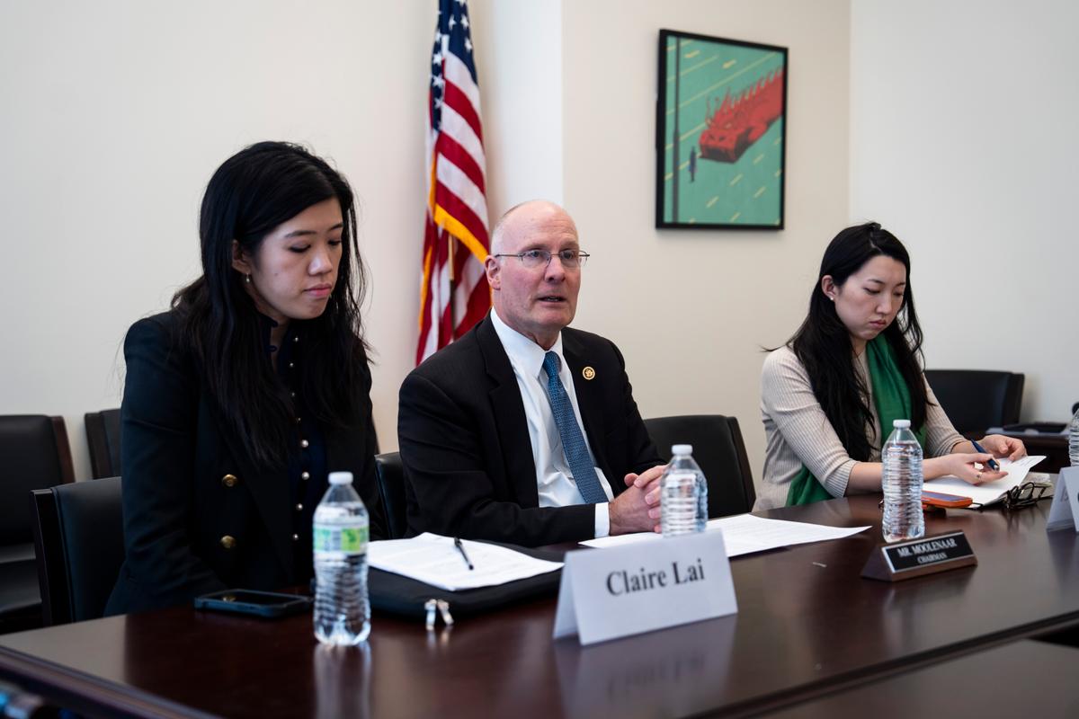 (L-R) Claire Lai, daughter of Jimmy Lai, Chairman of the House Select Committee on the Chinese Communist Party Rep. John Moolenaar (R-Mich.), and Grace Jin Drexel, daughter of  Ezra Jin of Zion Church in China, speak during a press conference on Capitol Hill in Washington, on March 19, 2026. (Madalina Kilroy/The Epoch Times)
