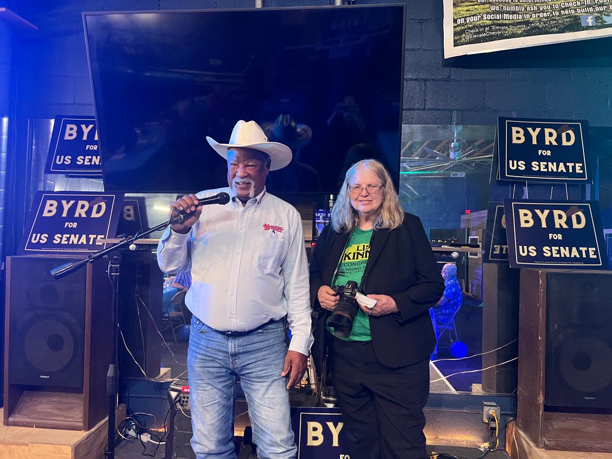 James Byrd gave an election night victory speech in Cheyenne, Wyo., on Aug. 18, 2026. (Jacki Thrapp/The Epoch Times)