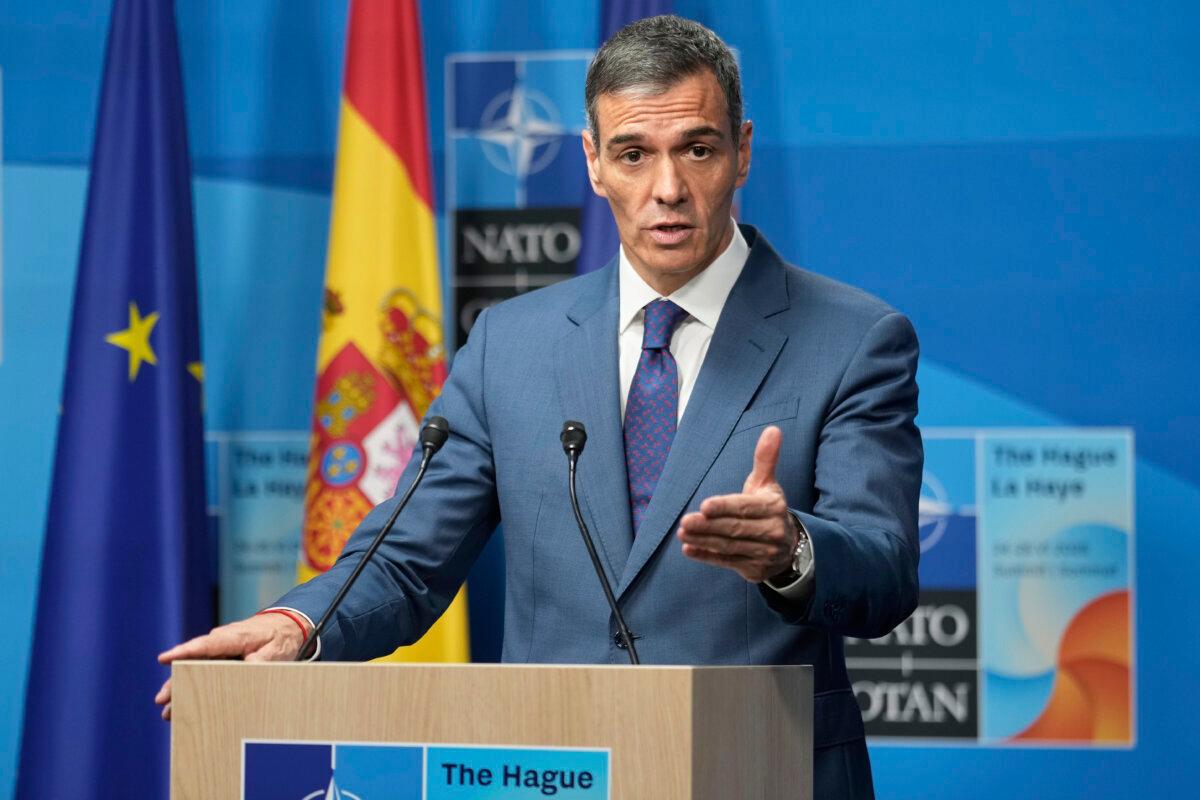 Spanish Prime Minister Pedro Sanchez speaks during a press conference after the plenary session at the NATO summit in The Hague, Netherlands, on June 25, 2025. (Markus Schreiber/AP)