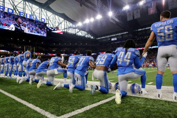 Members of the Detroit Lions take a knee during the playing of the national anthem prior to the start of the game against the Atlanta Falcons at Ford Field in Detroit, Mich., on Sept. 24, 2017. (Rey Del Rio/Getty Images)