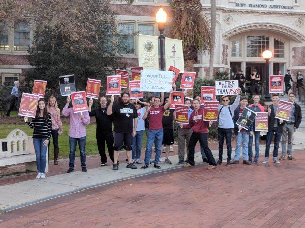 Students at Florida State University protest an appearance on campus of the communist political activist and academic Angela Davis, in Tallahassee, Fla., on Jan. 16, 2018. (Courtesy of FSU College Republicans)