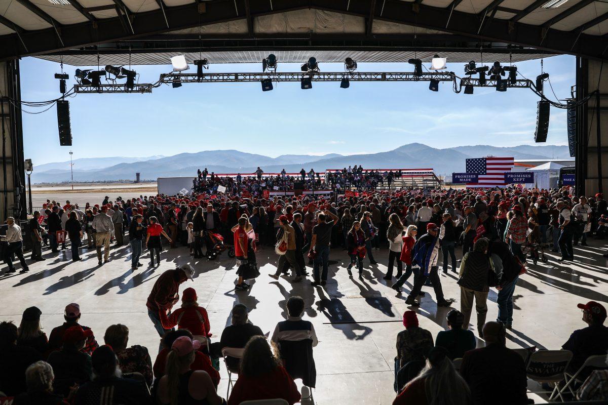 Rally goers start filling the space three hours before President Donald Trump takes the stage at a Make America Great Again rally in Missoula, Montana, on Oct. 18, 2018. (Charlotte Cuthbertson/The Epoch Times)