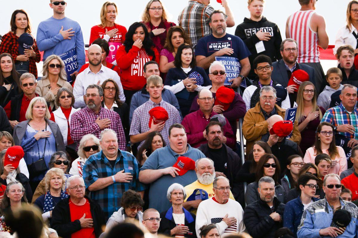 The Pledge of Allegiance at a Make America Great Again rally in Missoula, Montana, on Oct. 18, 2018. (Charlotte Cuthbertson/The Epoch Times)