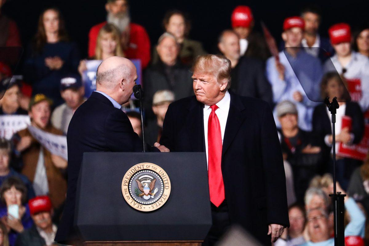 Rep. Greg Gianforte (R-Mont.) and President Donald Trump at a Make America Great Again rally in Missoula, Montana, on Oct. 18, 2018. (Charlotte Cuthbertson/The Epoch Times)