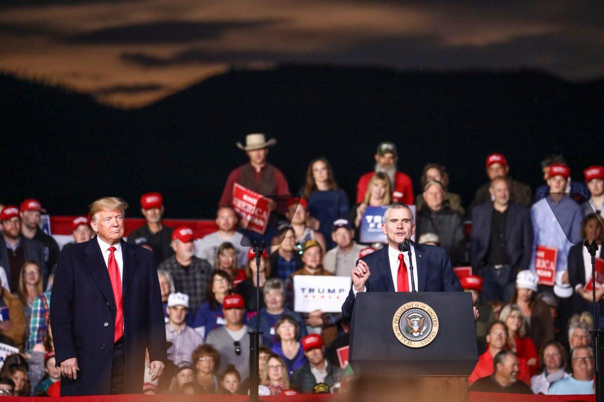 President Donald Trump and Montana GOP Senate candidate Matt Rosendale at a Make America Great Again rally in Missoula, Montana, on Oct. 18, 2018. (Charlotte Cuthbertson/The Epoch Times)
