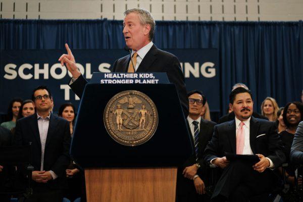 New York Mayor Bill de Blasio speaks at PS130, a Brooklyn public school on March 11, 2019. (Spencer Platt/Getty Images)