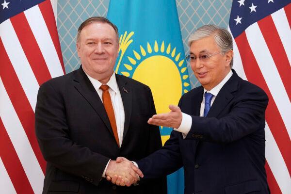 U.S. Secretary of State Mike Pompeo, left, meets Kazakh President Kassym-Jomart Tokayev at the Akorda presidential residence in Nur-Sultan, Kazakhstan, on Feb. 2, 2020. (Kevin Lamarque/Pool Photo via AP)