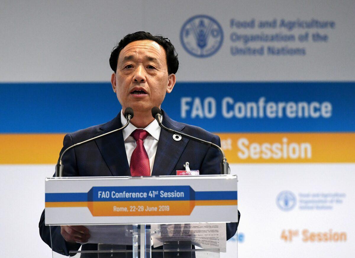 Qu Dongyu, China's candidate to head the Food and Agriculture Organization, addresses FAO members and delegates during the plenary assembly for the director-general election, in Rome on June 22, 2019. (Vincenzo Pinto/ AFP via Getty Images)