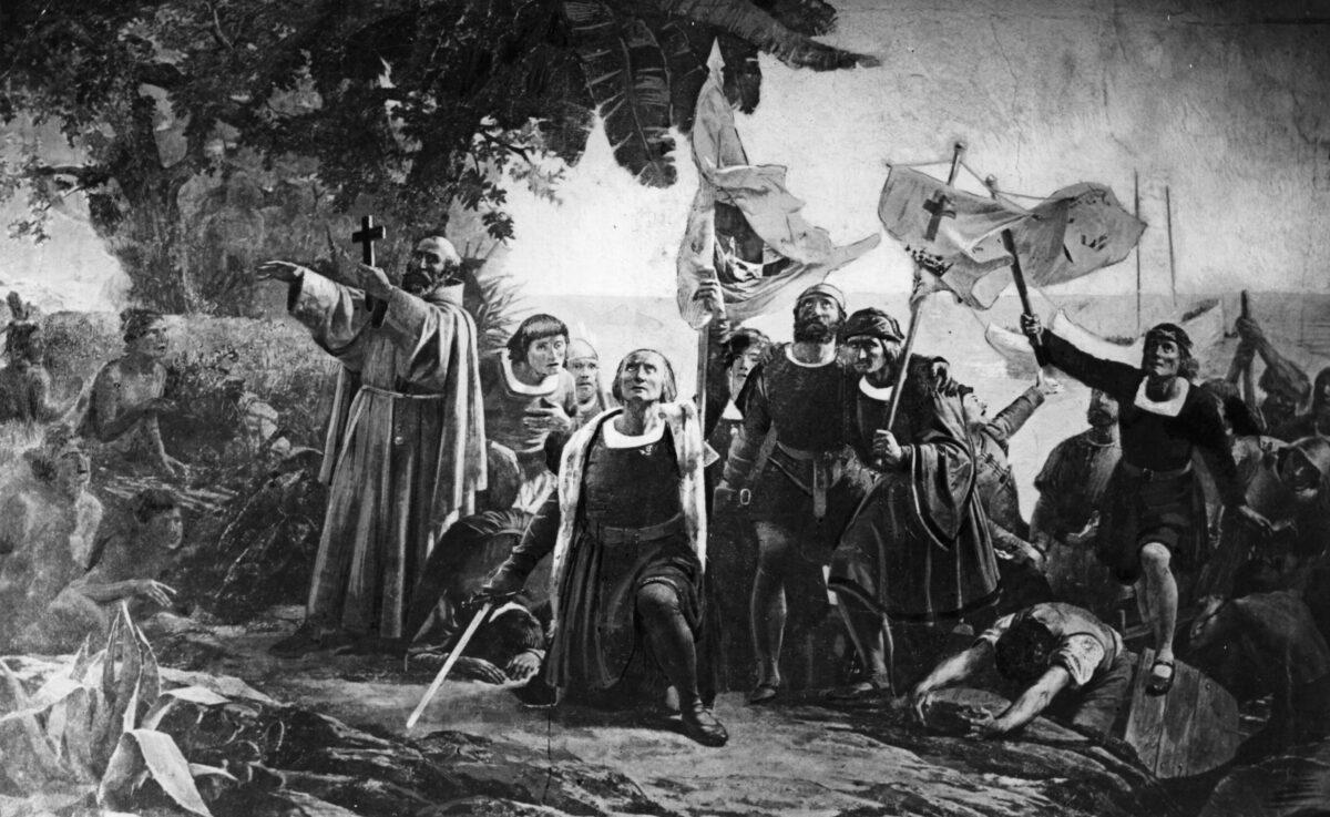 Christopher Columbus landing in America with the Piuzon Brothers bearing flags and crosses, 1492. Original Artwork: By D Puebla. (Hulton Archive/Getty Images)