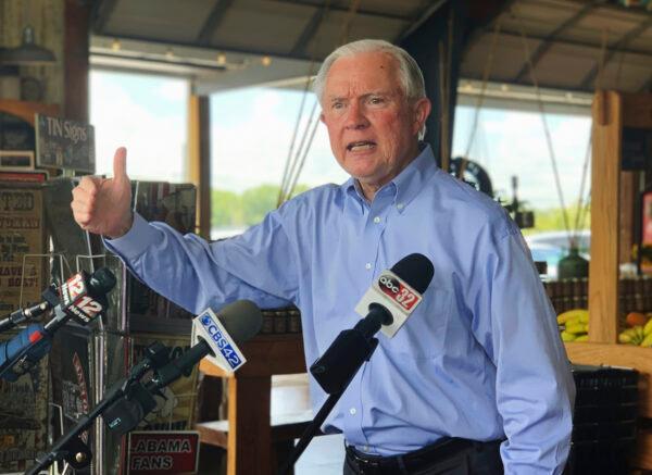 Former Attorney General Jeff Sessions speaks to reporters during a campaign stop at Sweet Creek restaurant and farmers market, south of Montgomery, Ala., on July 6, 2020. (Kim Chandler/AP Photo)