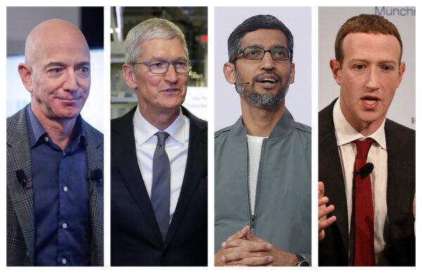 This combination of photos shows Amazon CEO Jeff Bezos, Apple CEO Tim Cook, Google CEO Sundar Pichai and Facebook CEO Mark Zuckerberg, in 2019-2020. (Pablo Martinez Monsivais, Evan Vucci, Jeff Chiu, Jens Meyer/AP Photo)