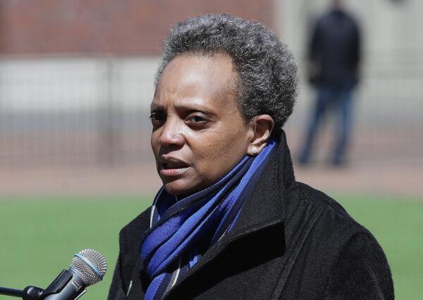 Chicago Mayor Lori Lightfoot speaks during a press outside of Wrigley Field in Chicago, Ill., on April 16, 2020. (Jonathan Daniel/Getty Images)