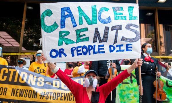 Renters and housing advocates attend a protest to cancel rent and avoid evictions in front of the courthouse amid the COVID-19 pandemic in Los Angeles on Aug. 21, 2020. (Valerie Macon/AFP via Getty Images)