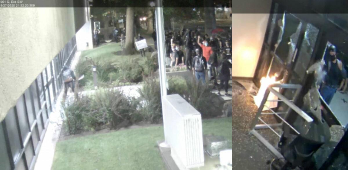 People described as Antifa militants smash windows and set a fire to the Sacramento District Attorney's Office on Aug. 27, 2020. (Sacramento District Attorney's Office)