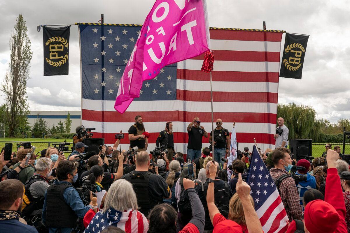 Attendees listen to speakers during a Proud Boys rally in Portland, Ore., on Sept. 26, 2020. (Nathan Howard/Getty Images)