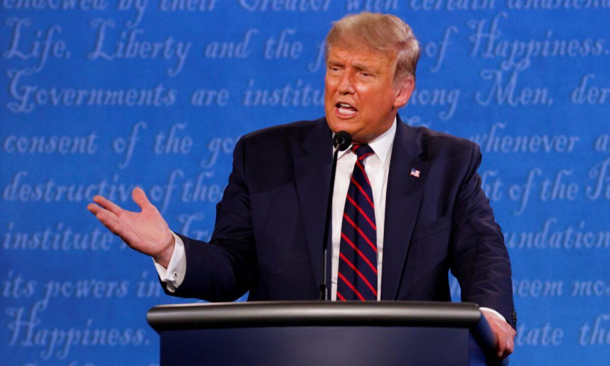 President Donald Trump speaks during the first 2020 presidential campaign debate at Case Western University and Cleveland Clinic, in Cleveland, Ohio, on Sept. 29, 2020. (Brian Snyder/Reuters)