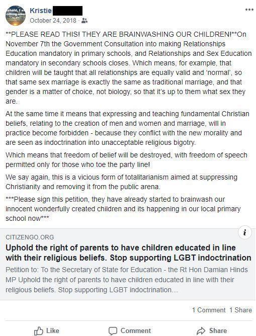 Kristie Higgs' 2018 Facebook post about an online petition against making relationships and sex education (RSE) compulsory in schools. (Facebook screenshot)