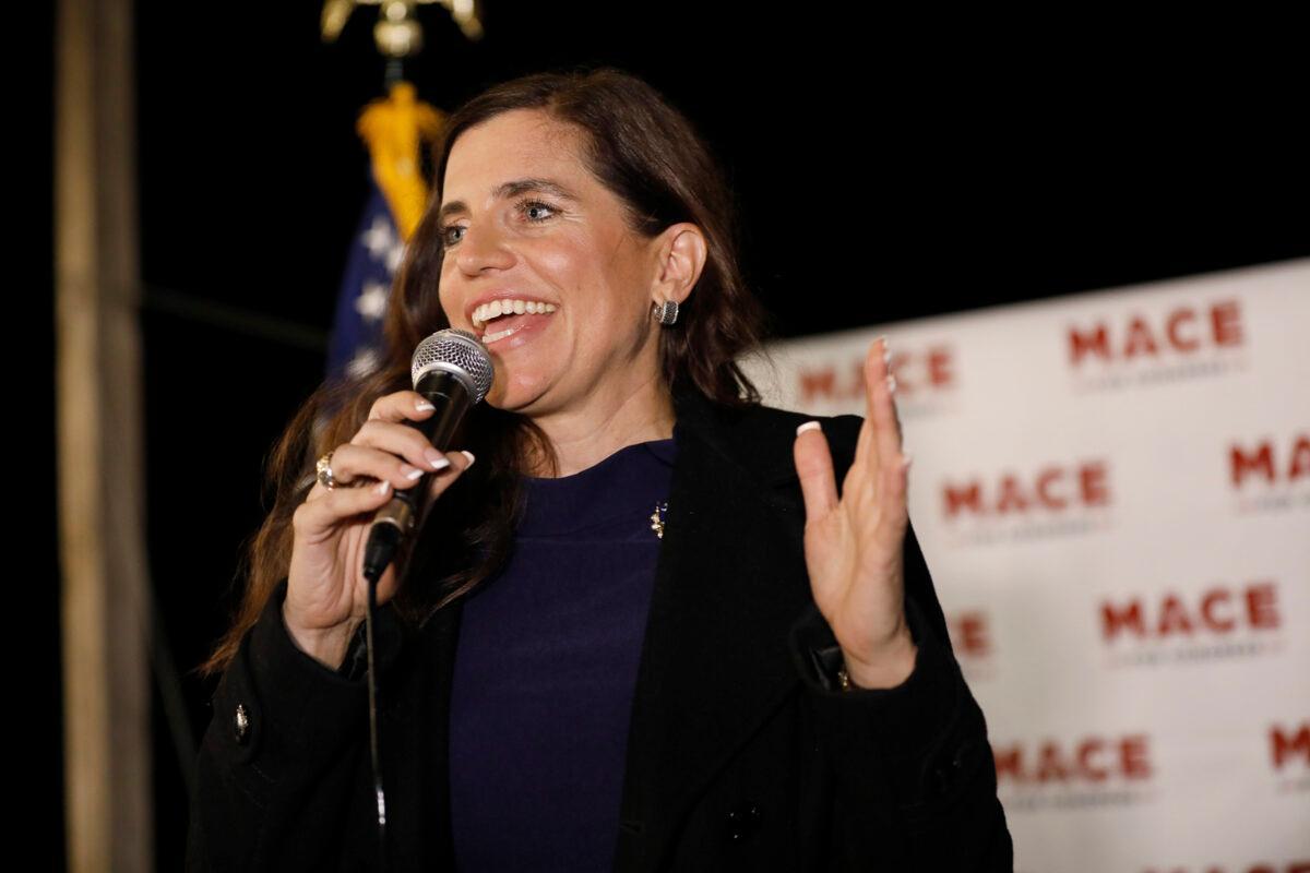 Republican Nancy Mace talks to supporters during her election night party in Mount Pleasant, S.C., Nov. 3, 2020. (Mic Smith/AP Photo)